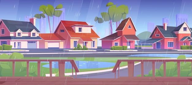 Free vector suburb street with houses wooden terrace in rain