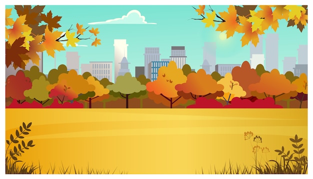 Бесплатное векторное изображение Пригородная зона с лугом, осенними деревьями и городскими зданиями