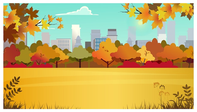 Free vector suburban area with meadow, autumn trees and city buildings