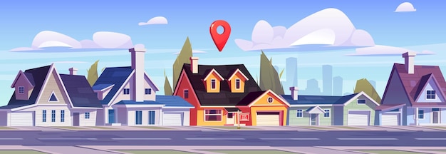 Free vector suburban street with location pin over cottage