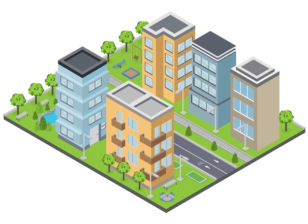 Бесплатное векторное изображение Пригородные постройки с газонами квартир и улиц изометрические
