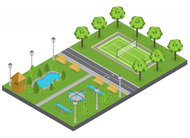 Suburbia park composition with trees pond and sports ground isometric