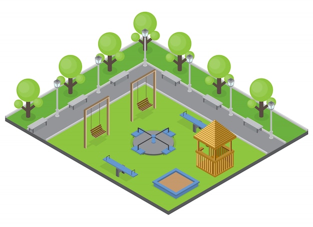 Free vector suburbia park concept with trees benches and playground isometric