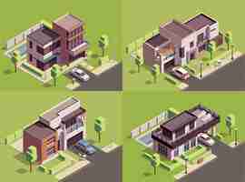 Бесплатное векторное изображение Изометрические 2x2 пригородные постройки с четырьмя достопримечательностями жилых дворов, пейзажи с современными виллами