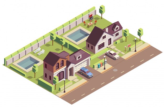 Suburbian buildings isometric composition with outdoor view of two neighbourhood areas with villas and residential yards