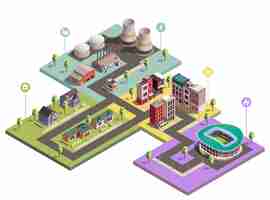 Free vector suburbian buildings isometric composition with view of city blocks of different domain with flat pictogram icons