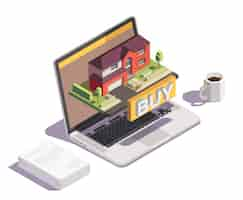 Free vector suburbian buildings isometric conceptual composition with images of workspace desktop items and laptop with villa house