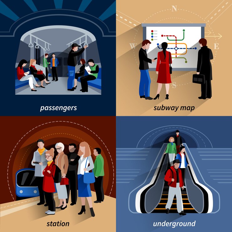 Free Vector subway 4 flat icons square composition 