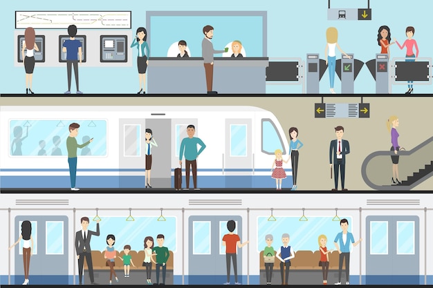 Vettore gratuito set di interni della metropolitana con ingresso del treno e all'interno della ferrovia