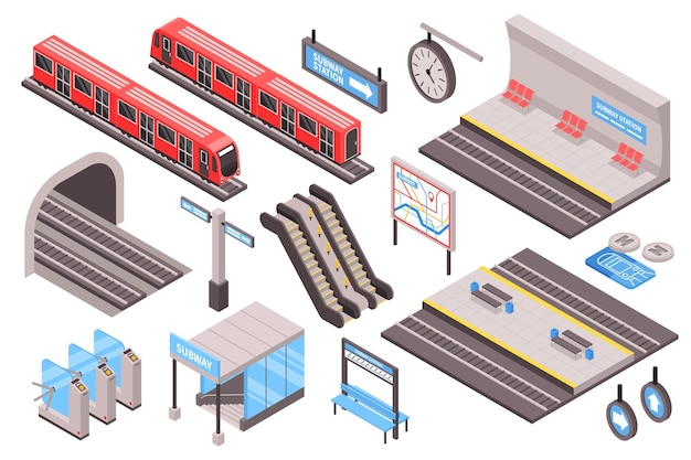 L'insieme isometrico della metropolitana con i simboli di trasporto della metropolitana ha isolato l'illustrazione di vettore