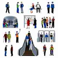 Free vector subway rapid transit trains system flat icons set with passengers on platform