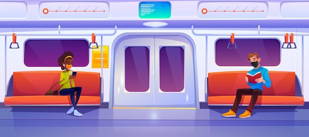 Free vector subway train car with people in masks