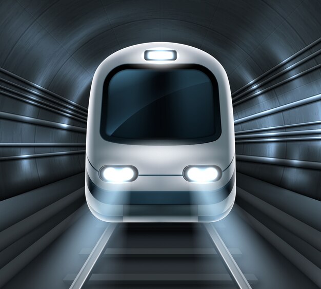 Поезд метро в метро туннель вид спереди локомотив