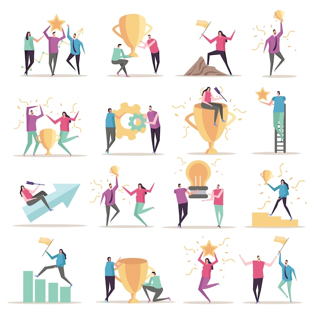 Success concept flat icons collection with isolated doodle style human characters with conceptual symbols and pictograms