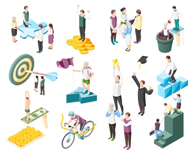 Success concept isometric illustration collection with isolated human characters of successful people and goal conceptual