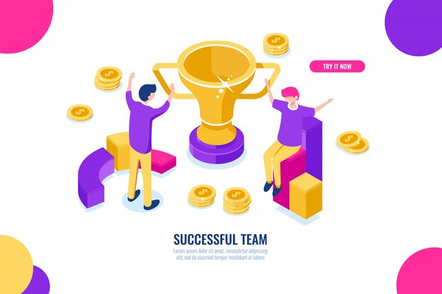 Success team isometric icon, business solutions, victory celebration, happy business people cartoon 
