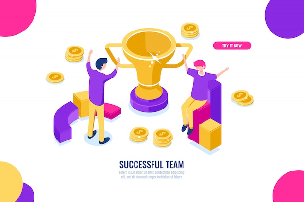 Success team isometric icon, business solutions, victory celebration, happy business people cartoon 