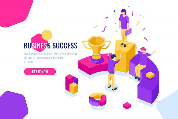 Successful business team work isometric, people achieve success, triumph