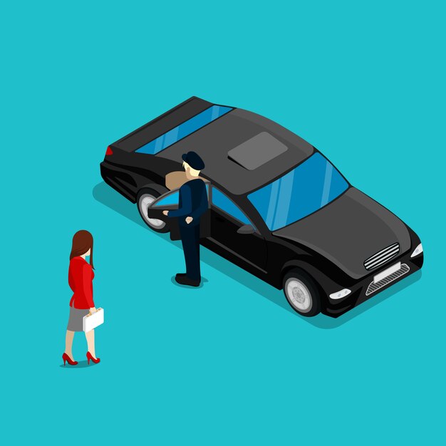 Successful business woman near luxury car. isometric people.