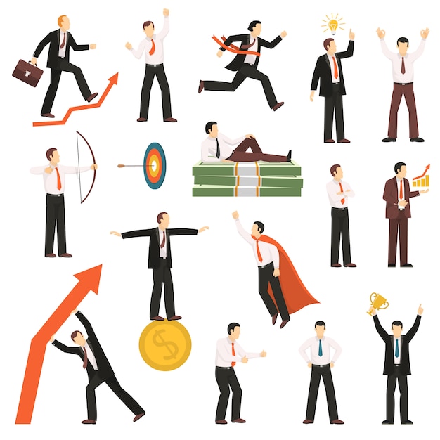 Successful businessman flat icons collection