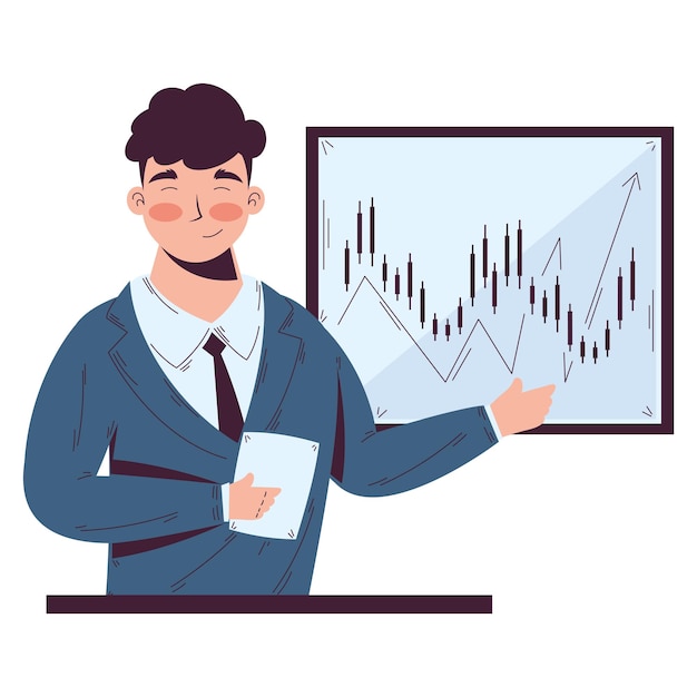 Imprenditore di successo che presenta il grafico di crescita