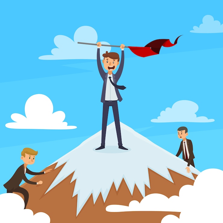 मुफ़्त वेक्टर successful career design concept with winner on mountain top and competitors on blue sky background vector illustration