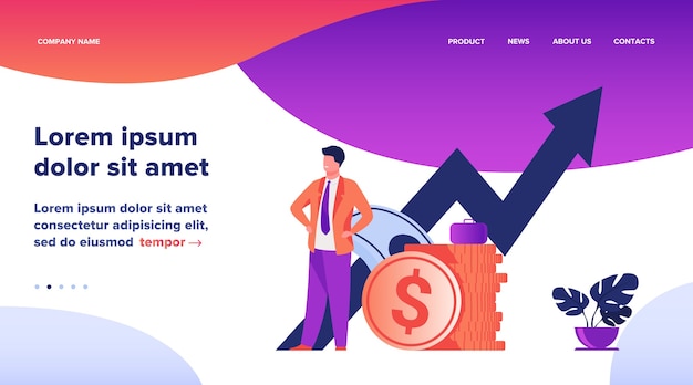 無料ベクター 成功した起業家または投資家がお金と成長図のスタックを提示します。現金でスーツ立っているビジネスマン。経済的な成功、経済、貿易の概念のベクトルイラスト