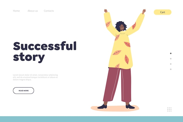 Successful story concept of landing page excited african american woman cheering with hands raised up in air happy of victory, holiday celebration or achievement. cartoon flat vector illustration