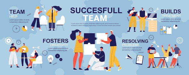 Successful team infographics target with characters and coworkers illustration