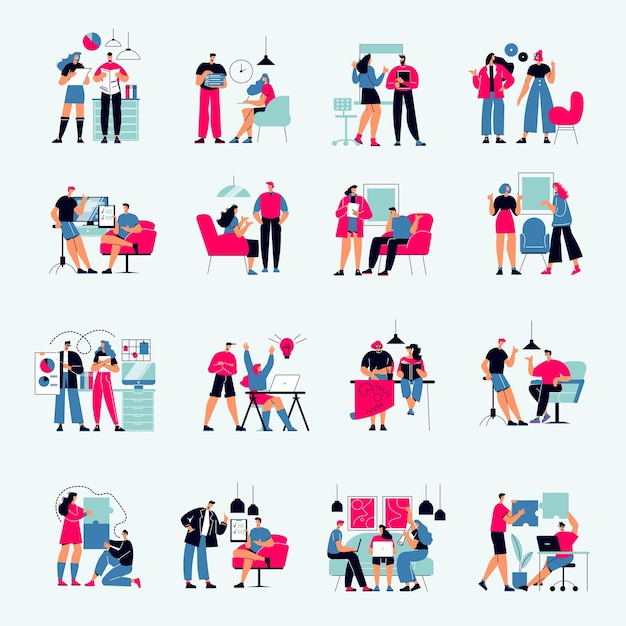 Successful team set of isolated icons human characters of communicating people workplace elements and office furniture vector illustration