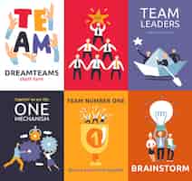 Free vector successful teamwork symbols 8 colorful cards mini banners with brainstorm matching cogwheels project leaders  isolated vector illustration