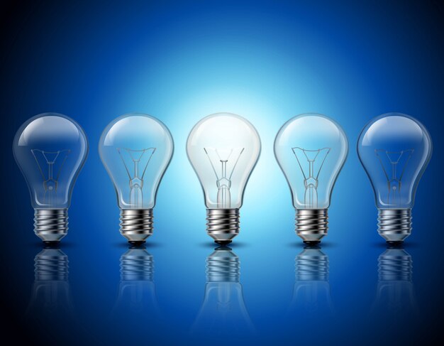 Successful thinking and getting bright ideas metaphorical gradually burning light bulbs row