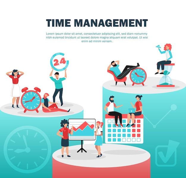 Successful time management concept flat composition with setting time limits break between tasks planning ahead  illustration