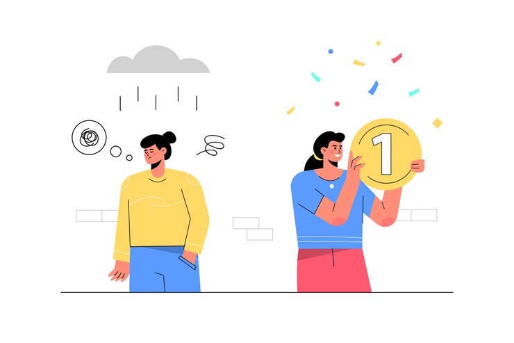 無料Vector 暴風雨で失敗した女性の隣にお金を保持している成功した女性。