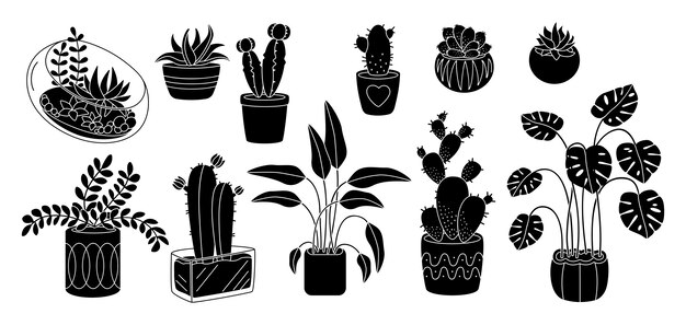 多肉植物と植物 装飾的な鉢植えなセラミックフラットシルエットセット 黒グリフ漫画インテリア室内花 観葉植物 サボテンモンステラ植木鉢 孤立した図 プレミアムベクター