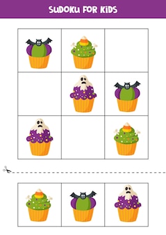 漫画​の​ハロ​ウィーン​の​カップ​ケーキ​を​持つ​子供​の​ため​の​数​独​ゲーム​。