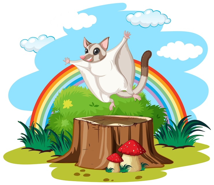 Free Vector sugar glider jumping on wooden log