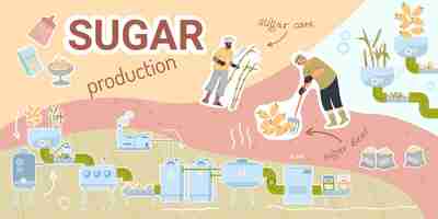 Free vector sugar production composition with collage of flat icons with factory units beets canes and human characters vector illustration