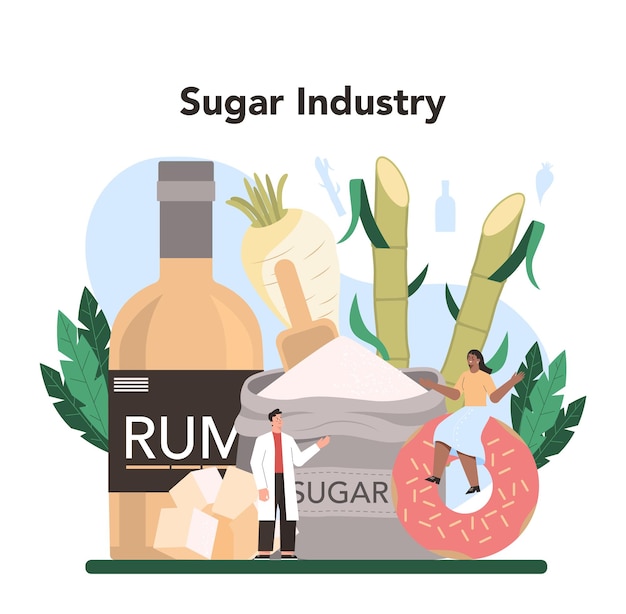 Производство сахара Сахароза и фруктоза, извлеченные из сахарного тростника и сахарной свеклы Ингредиент для напитков, конфет, кондитерских изделий, выпечки Изолированная плоская векторная иллюстрация