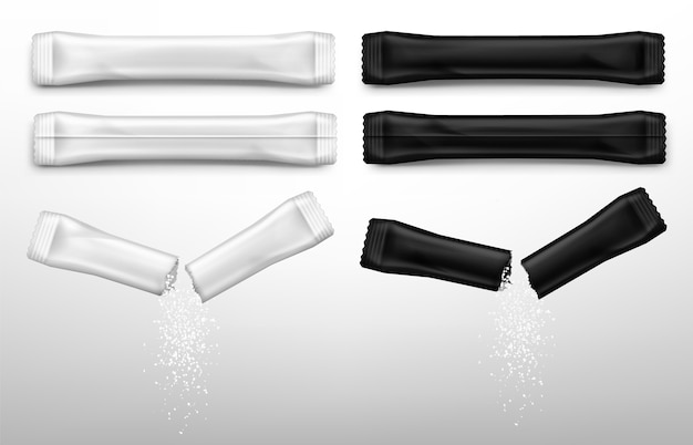 Download Free Vector | Sugar sticks for coffee in white and black packs. vector realistic mockup of blank ...