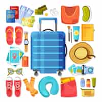 無料ベクター 夏休み旅行者ベクトルイラストの私物と孤立した画像のスーツケースとコンテンツフラットアイコン構成