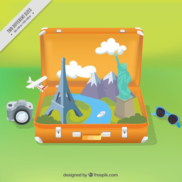 Suitcase background with monuments and travel items