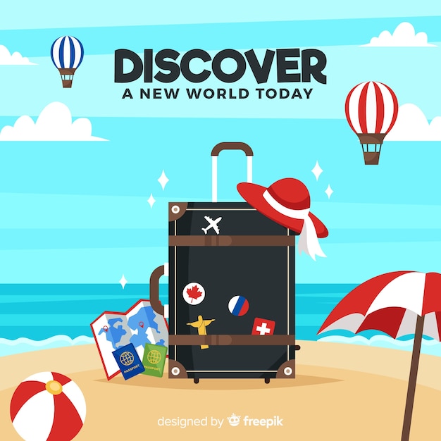 Free vector suitcase on the beach background
