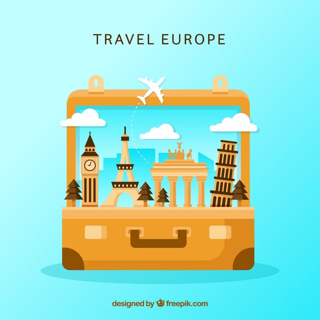 Suitcase with landmarks background in flat style