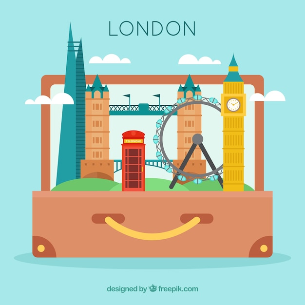 Suitcase with landmarks background in flat style