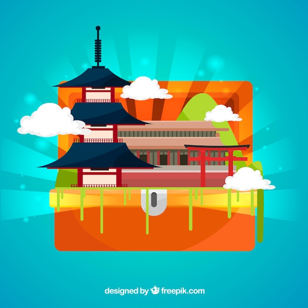Suitcase with landmarks background in flat style