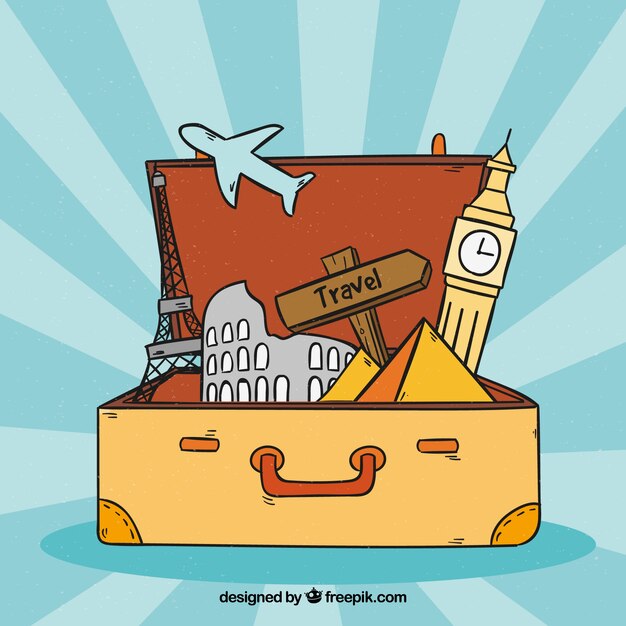 Suitcase with landmarks background in hand drawn style
