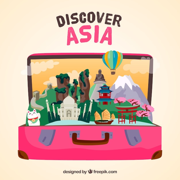 Free vector suitcase with landmarks background in hand drawn style