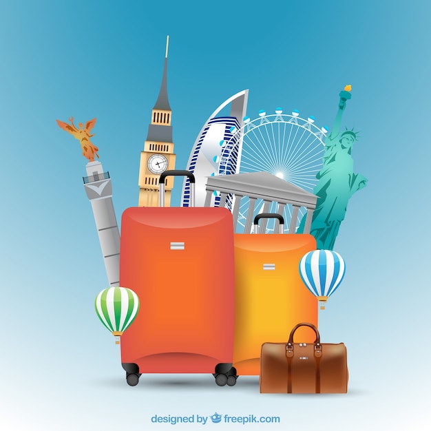 Suitcase with landmarks background in realistic style