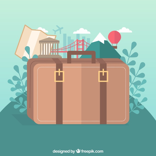 Free vector suitcase with landmarks in flat style